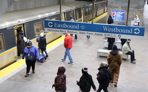 1/30/19 - Atlanta - Signs at MARTA’s Dome station direct fans towards Mercedes-Benz Stadium. MARTA updated the signs, which previously said Georgia Dome, for the Super Bowl. EMILY HANEY / emily.haney@ajc.com