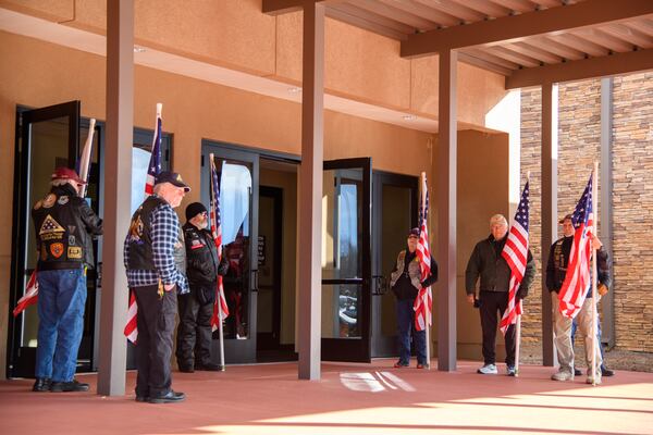 Riders line the entrance for Coweta County Sheriff’s Office Eric Anthony Minix's service at Crossroads Church in Sharpsburg, GA, Monday, January 8, 2024. Investigator Minix passed away during the apprehension of a vehicle theft suspect on Thursday, January 4, 2024. (Jamie Spaar for the Atlanta Journal Constitution)