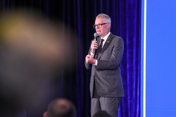 Delta CEO Ed Bastian talks during the Delta building dedication event at Delta headquarters in Atlanta on Monday, June 24, 2024. (Ziyu Julian Zhu/AJC)