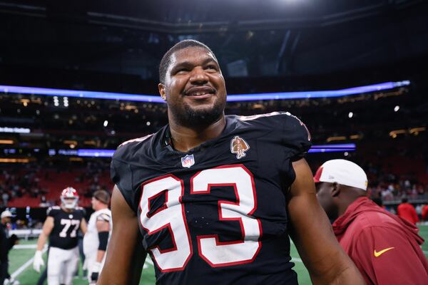 Falcons defensive tackle Calais Campbell (93) leaves the field after his team fell against Washington Commanders 24-16 on Sunday, October 15, 2023, at Mercedes-Benz Stadium in Atlanta. Campbell accomplished his 100th sack in his 15th NFL career.
Miguel Martinez/miguel.martinezjimenez@ajc.com