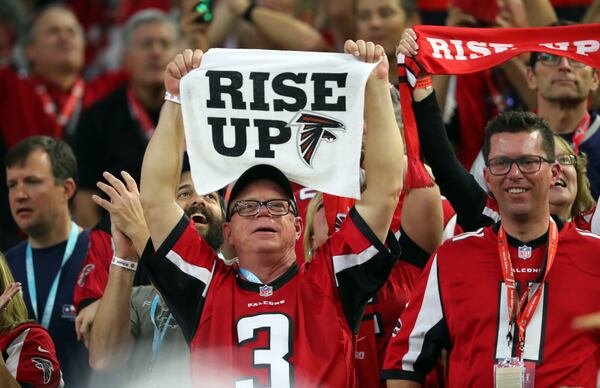 FEBRUARY 5, 2017  HOUSTON TX  Falcons fans cheer as the Atlanta Falcons meet the New England Patriots in Super Bowl LI at NRG Stadium in Houston, TX, Sunday,  February 5, 2017. Curtis Compton/AJC