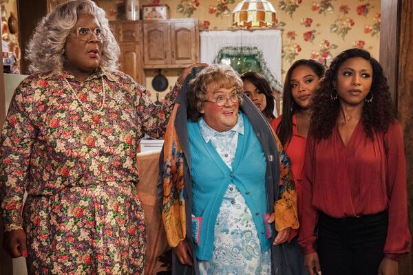 In "A Madea Homecoming," Tyler Perry as Madea joins Brendan O’Carroll as Agnes Brown, Geneva Maccarone as Sylvia, Candace Maxwell as Ellie, and Gabrielle Dennis as Laura. Cr. Steve Dietl / Tyler Perry Studios