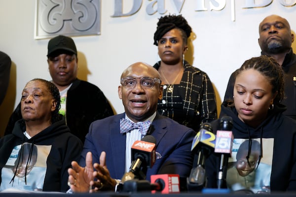 Attorney Mawuli Mel Davis, representing the family of Cornelius Taylor, speaks at a press conference on Jan. 30, in Decatur, where they discussed the findings of the Fulton County Medical Examiner’s Office concerning Cornelius Taylor’s cause of death. They also provided information about the funeral plans.
(Miguel Martinez/AJC)