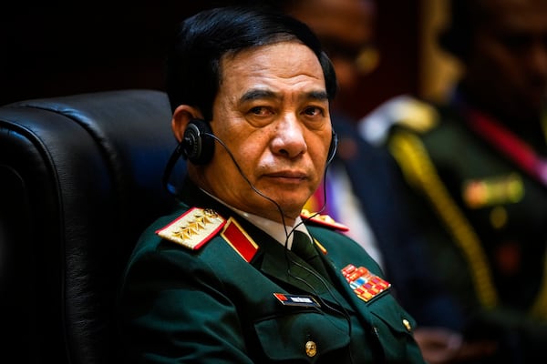 Vietnamese Defence Minister Phan Van Giang listens during the ASEAN Defence Ministers' informal Meeting in Vientiane, Laos, Wednesday, Nov. 20, 2024. (AP Photo/Anupam Nath)