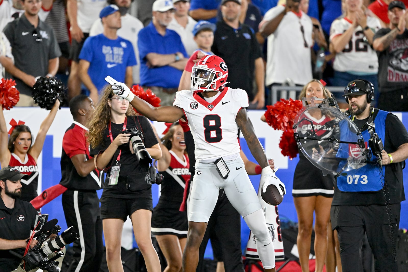 Georgia wide receiver Colbie Young (8) celebrates after catching a long pass during the second half in an NCAA football game at Kroger Field, Saturday, September 14, 2024,  in Lexington, Kentucky. Georgia won 13-12 over Kentucky. (Hyosub Shin / AJC)