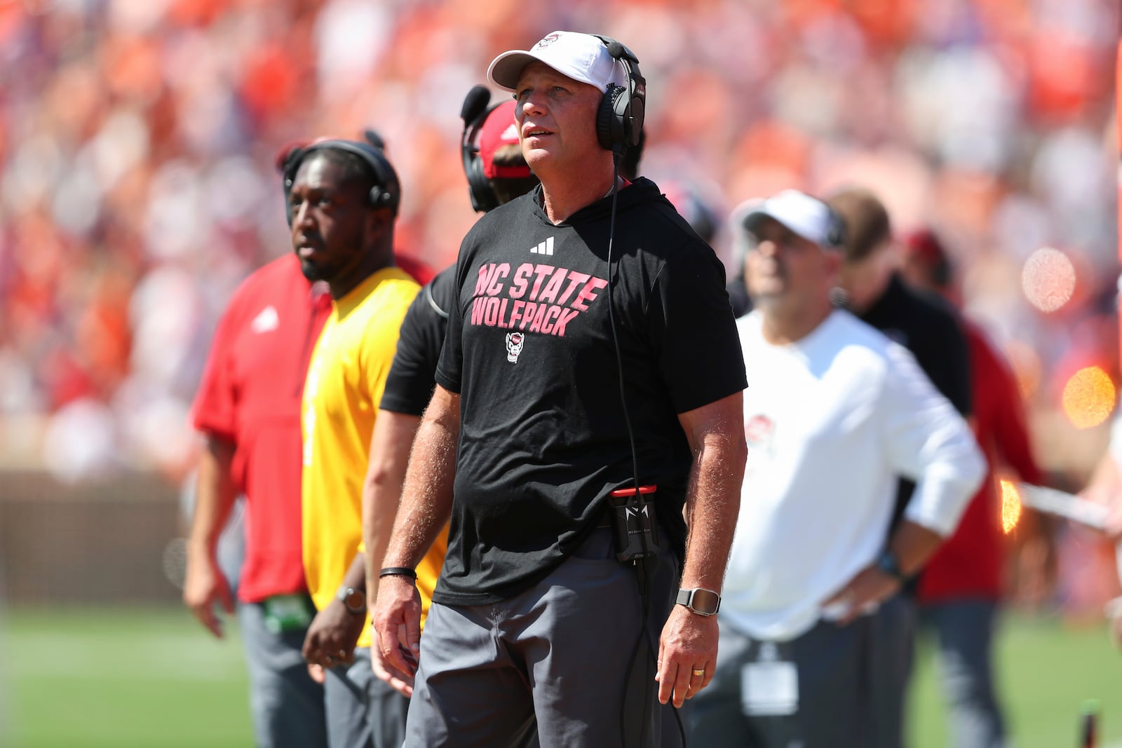 North Carolina State head coach Dave Doeren watches an instant replay on the scoreboard during the first half of an NCAA college football game against Clemson Saturday, Sept. 21, 2024, in Clemson, S.C. (AP Photo/Artie Walker Jr.)