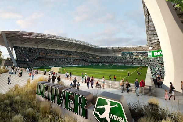 This image provided by the Skylark, shows an artists' rendering of the proposed new stadium for the expansion National Women’s Soccer League team in Denver. (Skylark via AP)