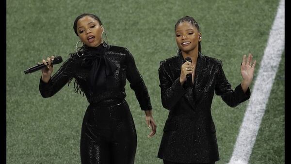 Atlanta-born Chloe x Halle perform before the NFL Super Bowl 53 football game between the Los Angeles Rams and the New England Patriots Sunday, Feb. 3, 2019, in Atlanta. (AP Photo/Charlie Riedel)
            