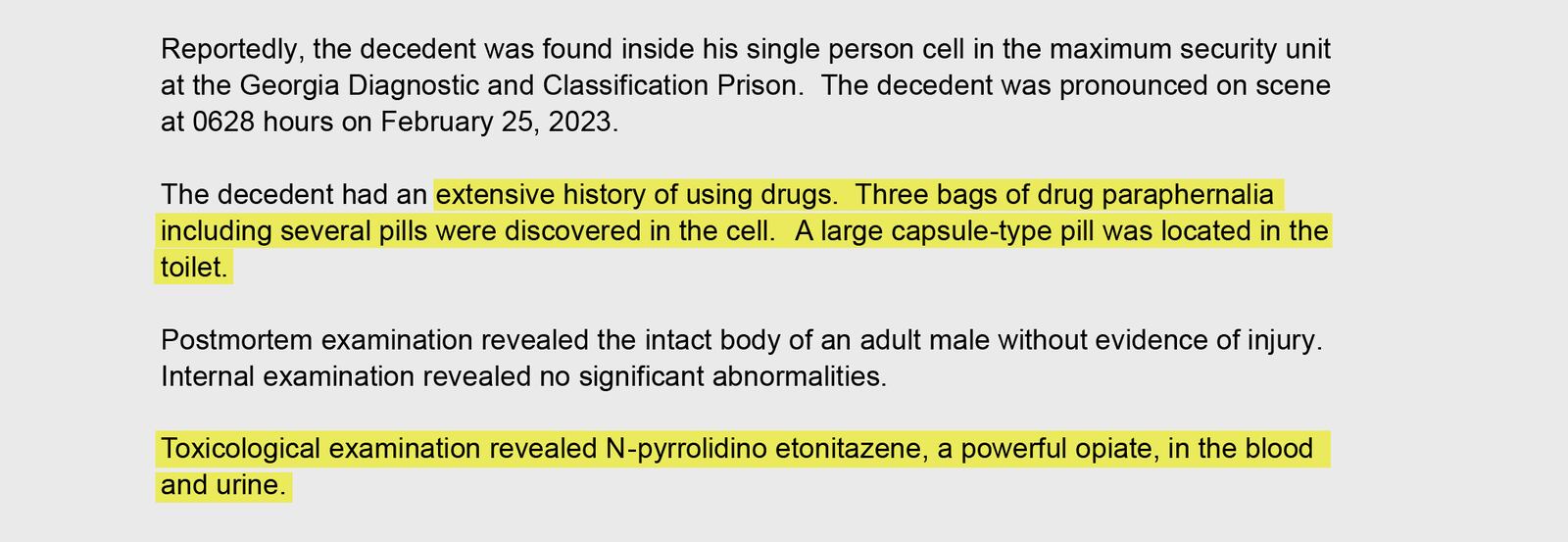 The autopsy for Sutton Marcus, who died at the Georgia Diagnostic and Classification Prison on Feb. 25, 2023, notes that Marcus had the drug N-pyrrolidino etonitazene, commonly known as "pyro," in his system. (Georgia Bureau of Investigation)