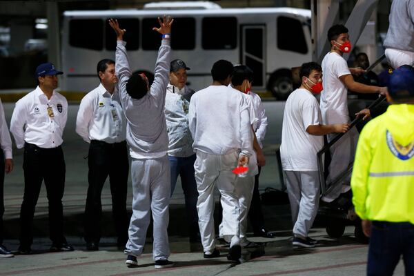 Venezuelan migrants deported from the United States arrive at Simon Bolivar International Airport in Maiquetia, Venezuela, Thursday, Feb. 20, 2025. (AP Photo/Cristian Hernandez)