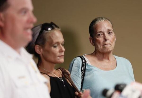 Bridget Shiel’s mother, Angela (left), ad her grandmother Beverly Toole listen to investigators at Thursday’s news conference. BOB ANDRES / BANDRES@AJC.COM