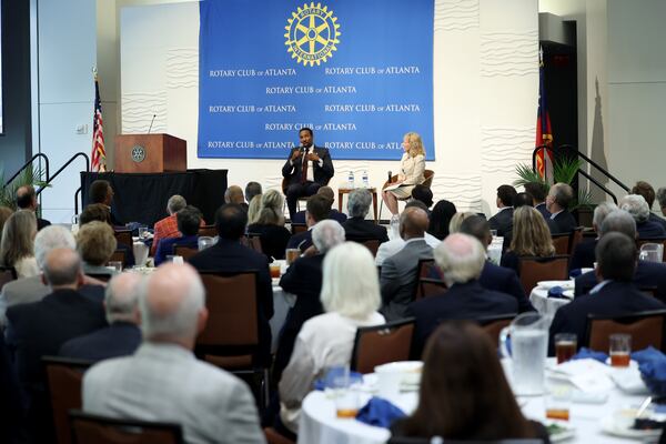 050222 Atlanta: Atlanta Mayor Andre Dickens speaks during the question and answer portion at the Rotary Club Monday, May 2, 2022, in Atlanta. Dickens delivered remarks as the guest speaker for the Rotary Club of Atlanta’s May meeting. The topic of discussion is “What comes after the first 100 days.” (Jason Getz / Jason.Getz@ajc.com)