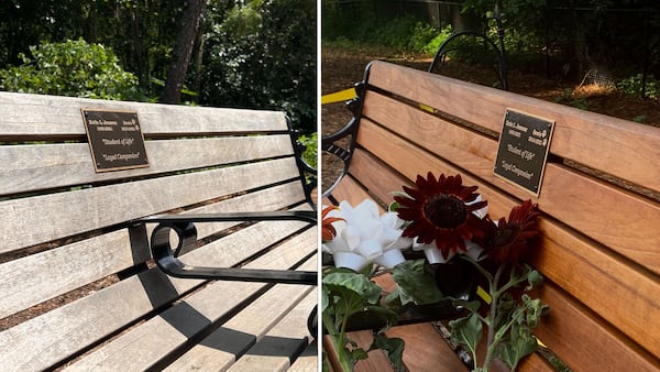 A bench in memory of Katie Janness and her dog, Bowie, was installed at the Piedmont Dog Park on Thursday, July 28, on the one year anniversary of their deaths. The bench a year ago can be seen to the right, while the bench photographed July 25, 2023, can be seen on the left.