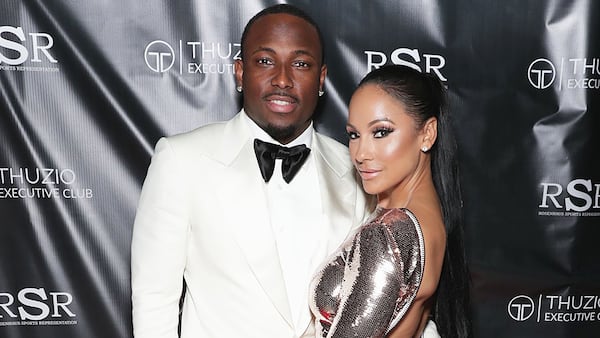 HOUSTON, TX - FEBRUARY 04: NFL player LeSean McCoy (L) and designer Delicia Cordon arrive at the Thuzio Executive Club and Rosenhaus Sports Representation Party at Clutch Bar during Super Bowl Weekend, on February 4, 2017 in Houston, TX. (Photo by Cindy Ord/Getty Images for Thuzio)