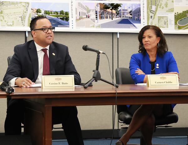 Fort Mac LRA board chairman Cassius Butts (left) introduces new member Carmen Chubb during the McPherson Implementing Local Redevelopment Authority Board Meeting at Fort Mac LRA on Thursday, July 11, 2019, in Atlanta. Curtis Compton/ccompton@ajc.com