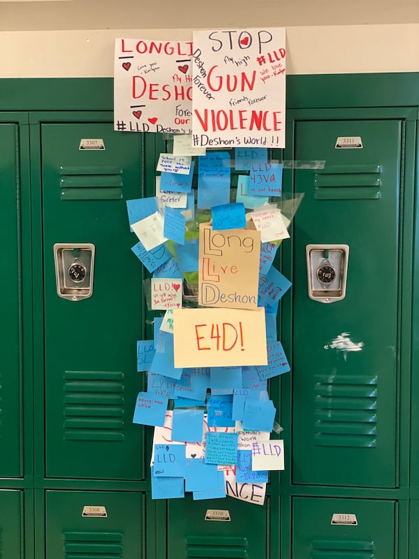 The locker of seventh-grader Deshon DuBose was covered in sticky notes at Drew Charter School.