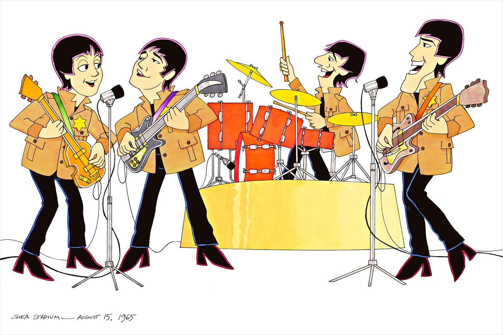 Artist Ron Campbell depicts The Beatles at Shea Stadium.