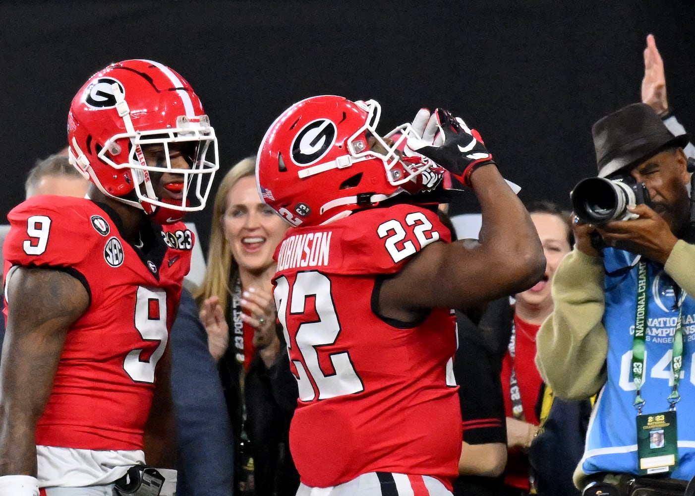 Georgia Bulldogs running back Branson Robinson (22) celebrates the final touchdown against the TCU Horned Frogs during the second half of the College Football Playoff National Championship at SoFi Stadium in Los Angeles on Monday, January 9, 2023. Georgia won 65-7 and secured a back-to-back championship. (Hyosub Shin / Hyosub.Shin@ajc.com)