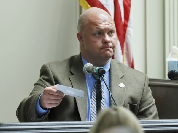 6/21/18 - Griffin - Sheriff’s Office Capt. Mike Morris testifies about a jail recording made between Franklin Gebhardt and an informant, which was then played in court. Forensic evidence was presented as the murder trial of Franklin Gebhardt continued. He is one of two white men charged in the murder of Timothy Coggins, a black man, 35 years ago in a crime prosecutors say was driven by racial animus. BOB ANDRES /BANDRES@AJC.COM