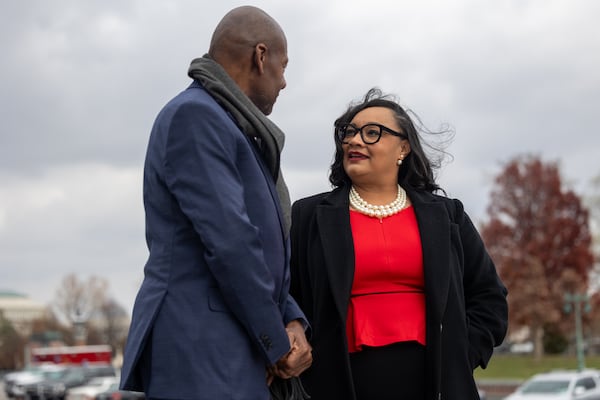 Congresswoman Nikema Williams (D-GA) talks with a constituent outside of Congress on Dec. 6, 2023, in Washington, D.C. (Nathan Posner for The AJC)