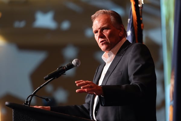 Republican Michigan Senate candidate Mike Rogers speaks during an election night watch party, Tuesday, Nov. 5, 2024, at Suburban Showplace Collection in Novi, Mich. (AP Photo/Paul Sancya)