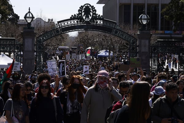 Protesters march on campus against the arrest of Mahmoud Khalil at UC Berkeley on Tuesday, March 11, 2025, in Berkeley, Calif. (Santiago Mejia/San Francisco Chronicle via AP)