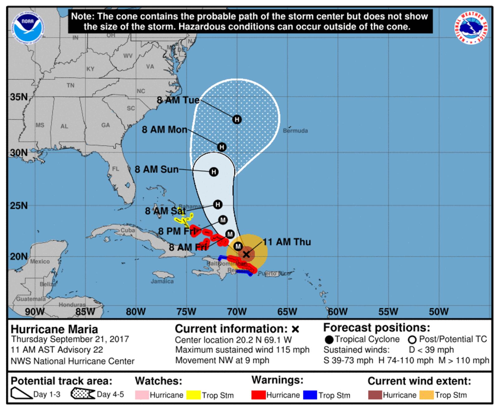 This graphic from the National Hurricane Center shows an approximate representation of coastal areas under a hurricane warning (red), hurricane watch (pink), tropical storm warning (blue) and tropical storm watch (yellow).