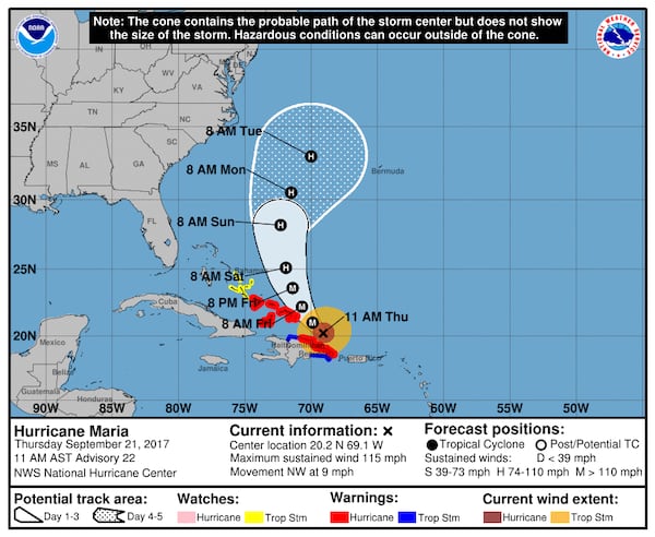 This graphic from the National Hurricane Center shows an approximate representation of coastal areas under a hurricane warning (red), hurricane watch (pink), tropical storm warning (blue) and tropical storm watch (yellow).