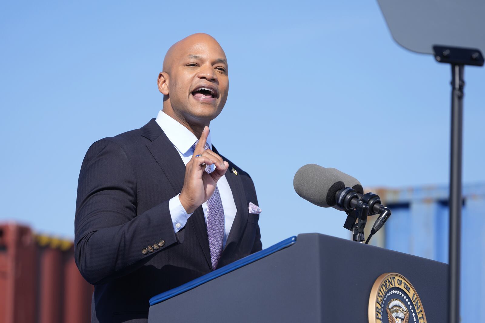 Gov. Wes Moore, D-Md., speaks before President Joe Biden arrives to speak at the Port of Baltimore in Baltimore, Tuesday, Oct. 29, 2024. (AP Photo/Mark Schiefelbein)