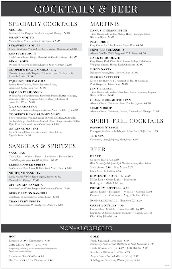 Coopers Hawk menu