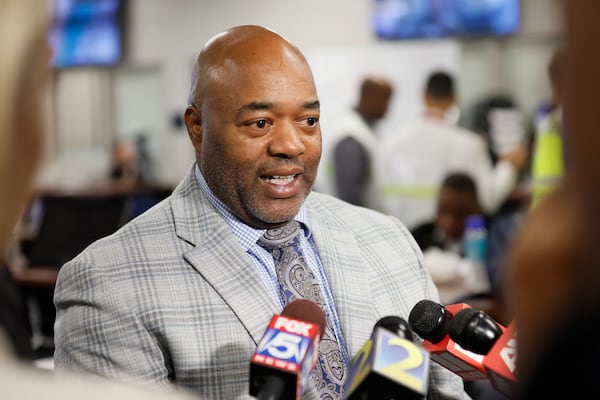 Gus Hudson, assistant general manager of emergency management at Hartsfield-Jackson, briefed press members on Wednesday, Dec. 4, 2024, about the preparedness of various departments and agencies for potential winter weather impacts on airport operations. (Miguel Martinez/AJC)