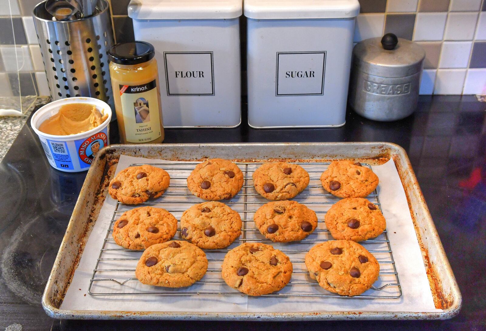 Miso paste (preferably white miso, which is the mildest) and Chinese sesame paste (or tahini) are key ingredients in Miso Sesame Chocolate Chip Cookies. STYLING BY SUSAN PUCKETT / CONTRIBUTED BY CHRIS HUNT PHOTOGRAPHY