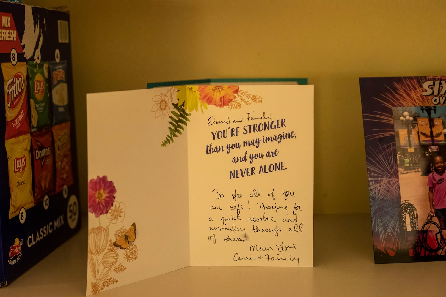 A supportive card adds a homey touch to the Mitchell family’s hotel room in Newnan. (Alyssa Pointer / Alyssa.Pointer@ajc.com)