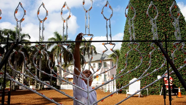 The menorah installed at Old School Square in downtown Delray Beach. (Bruce R. Bennett/The Palm Beach Post)