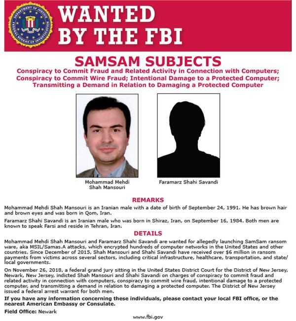 Federal authorities on Wednesday announced a indictment of Mohammad Mehdi Shah Mansouri and Faramarz Shahi Savandi, both of Iran, for conducting a sophisticated computer hacking and ransom operation across the U.S. The pair’s work involved more than 200 victims, including the city of Atlanta in March and other governments as well as hospitals and public institutions. SOURCE: Justice Department