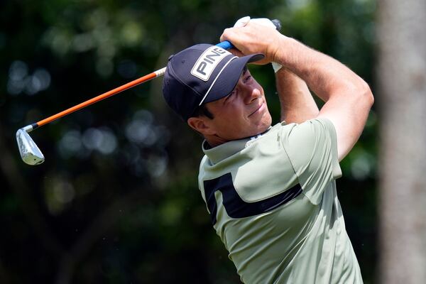 Viktor Hovland, of Norway, tees off on the third hole during the final round of the Valspar Championship golf tournament Sunday, March 23, 2025, at Innisbrook in Palm Harbor, Fla. (AP Photo/Chris O'Meara)