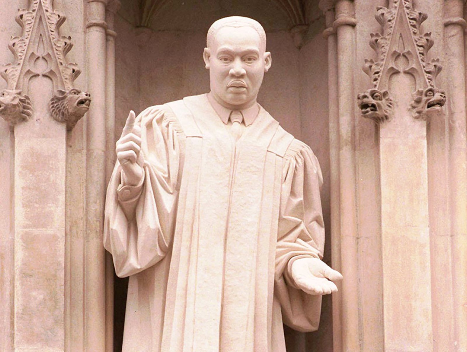 The MLK carving above the Great West Door of Westminster Abbey in London. (John Stillwell / AP)