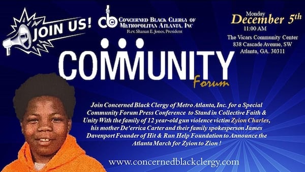 The Black Clergy of Metropolitan Atlanta will announce a march in memory of slain 12-year-old Zyion Charles, who was killed Nov. 26 on the 17th Street Bridge.