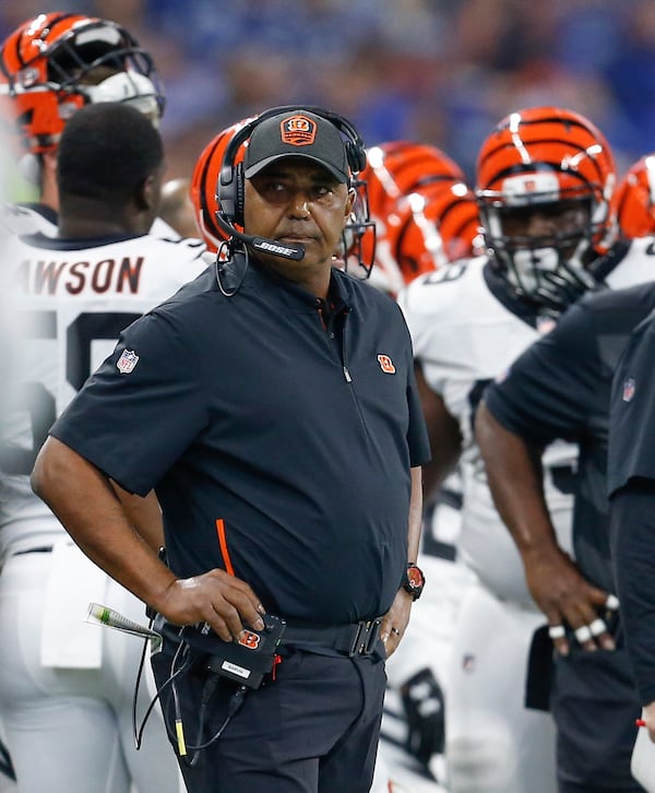 Cincinnati Bengals head coach Marvin Lewis watches game action against the Indianapolis Colts on Sunday, Sept. 9, 2018 at Lucas Oil Stadium in Indianapolis, Indiana. (Sam Riche/TNS)