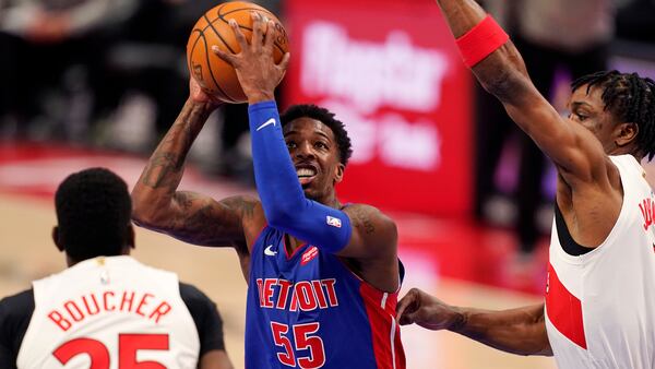 Detroit Pistons guard Delon Wright (55) looks to pass during the second half of an NBA basketball game against the Toronto Raptors, Wednesday, March 17, 2021, in Detroit. (AP Photo/Carlos Osorio)