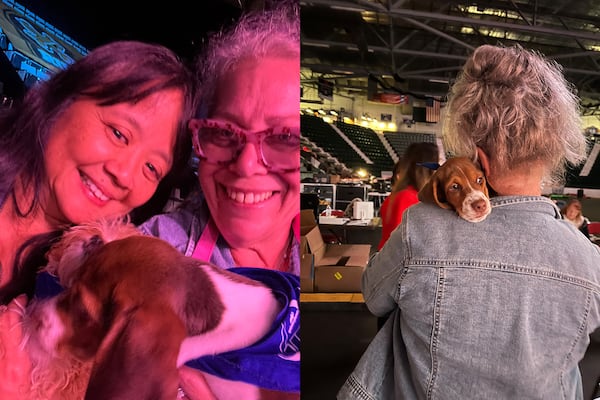 Jennifer Kramer and Jennifer Siegel, who run Bosley's Place rescue, pose at Puppy Bowl XXI, which was shot last fall in a miniature Plexiglas stadium in Glen Falls, N.Y. To the right is Raspberry being held by Siegel. (Courtesy)