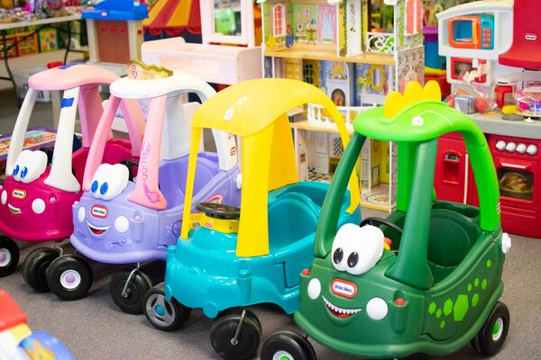 Toys including toddler cars and kitchen sets will be available for purchase at Rhea Lana’s consignment sale. (Courtesy)