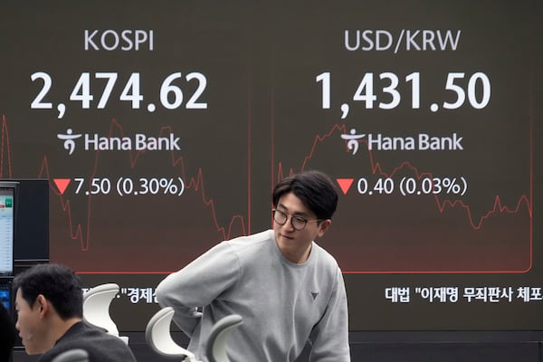 A currency trader passes by a screen showing the Korea Composite Stock Price Index (KOSPI), left, and the foreign exchange rate between U.S. dollar and South Korean won at the foreign exchange dealing room of the KEB Hana Bank headquarters in Seoul, South Korea, Friday, Dec. 13, 2024. (AP Photo/Ahn Young-joon)