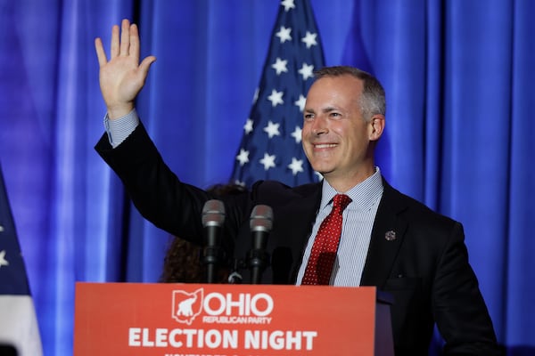 FILE - Republican Ohio treasurer Robert Sprague speaks during an election night watch party Nov. 8, 2022, in Columbus, Ohio. (AP Photo/Jay LaPrete, File)