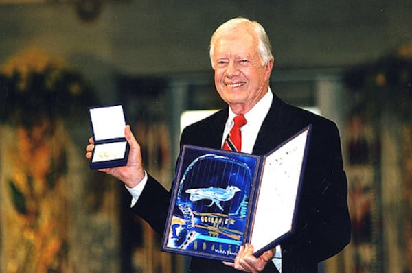 Carter was awarded the Nobel Peace Prize in Oslo, Norway, in 2002 for his diplomacy work through The Carter Center.