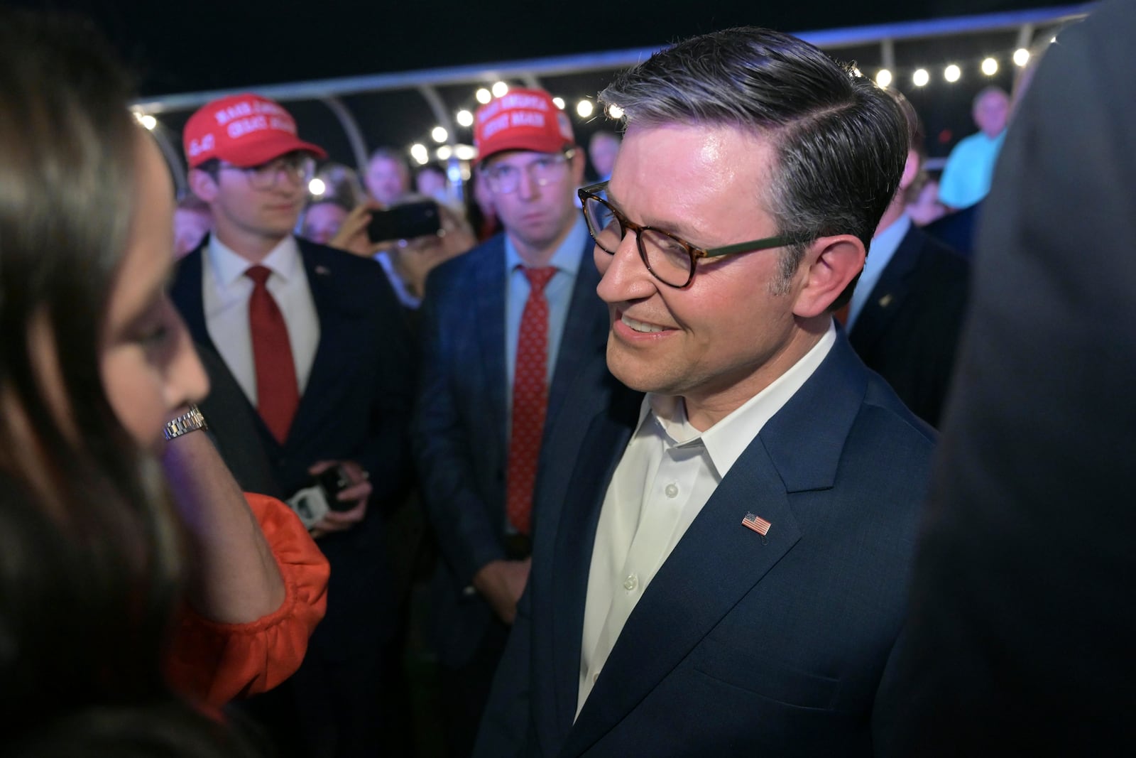 House Speaker Mike Johnson, R-La., speaks with supporters during an election night watch party Tuesday, Nov. 5, 2024, in Shreveport, La. (AP Photo/Matthew Hinton)