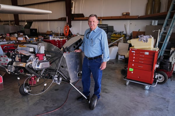 Former Army and Navy Vietnam veteran Richard Lamb, poses for a photo at the EAA Museum at McGregor Executive Airport in McGregor, Texas, Sunday, March 2, 2025. (AP Photo/Tony Gutierrez)