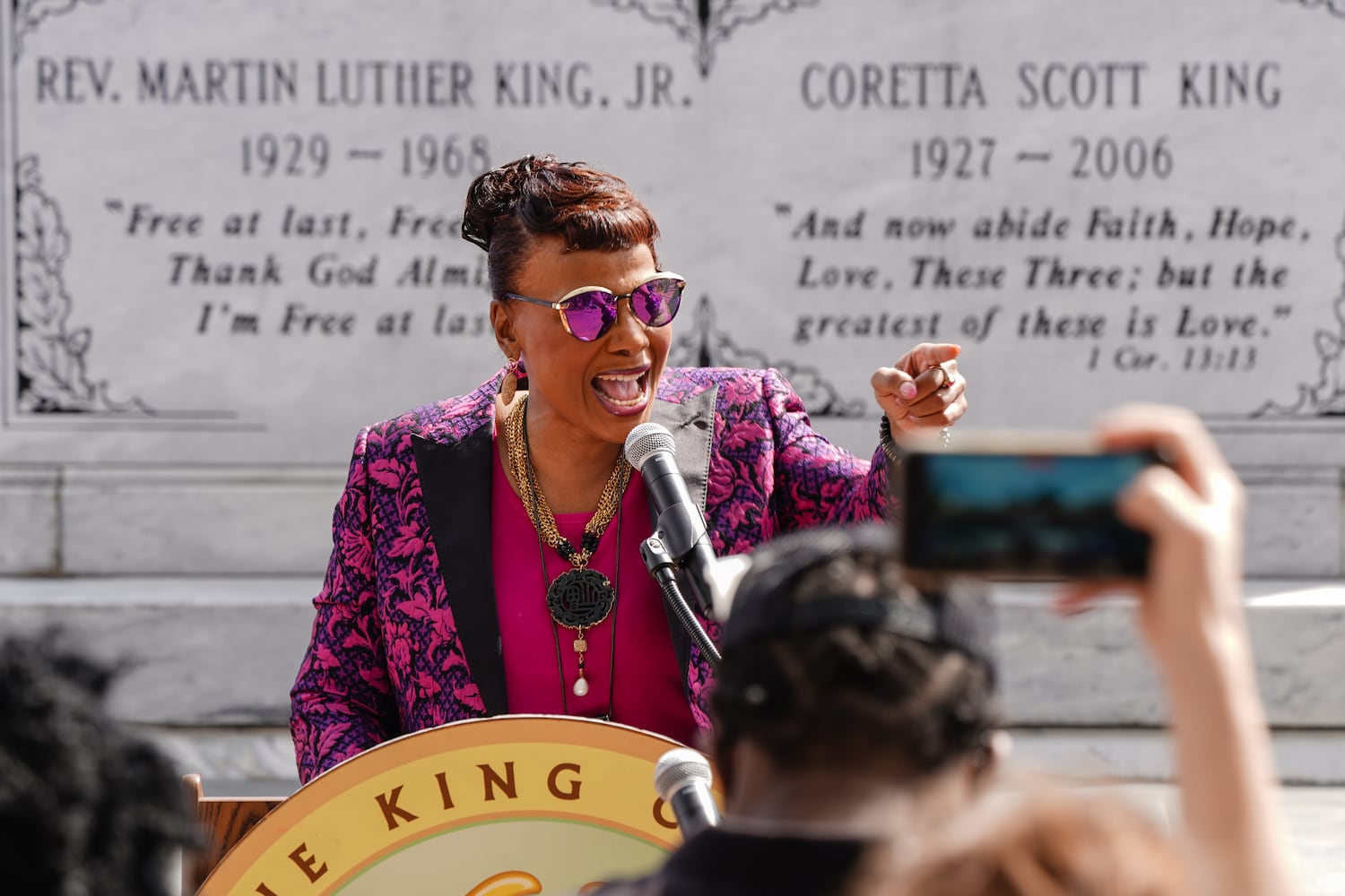 Bernice A. King, CEO of The King Center, speaks at a wreath laying ceremony at The King Center on the 54th anniversary of the assassination of Dr. Martin Luther King Jr., on Monday, April 4, 2022, in Atlanta. (Elijah Nouvelage/Special to the Atlanta Journal-Constitution)