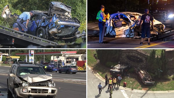 Scenes from the aftermath of crashes involving Georgia State Patrol pursuits, clockwise from top left: on Bolton Road (Sept. 1, 2020); on Martin Luther King Jr. Drive (April 18, 2024); in Hall County (June 17, 2020); and in DeKalb County (Oct. 14, 2023). (top photos: John Spink/AJC; bottom photos: Channel 2 Action News)