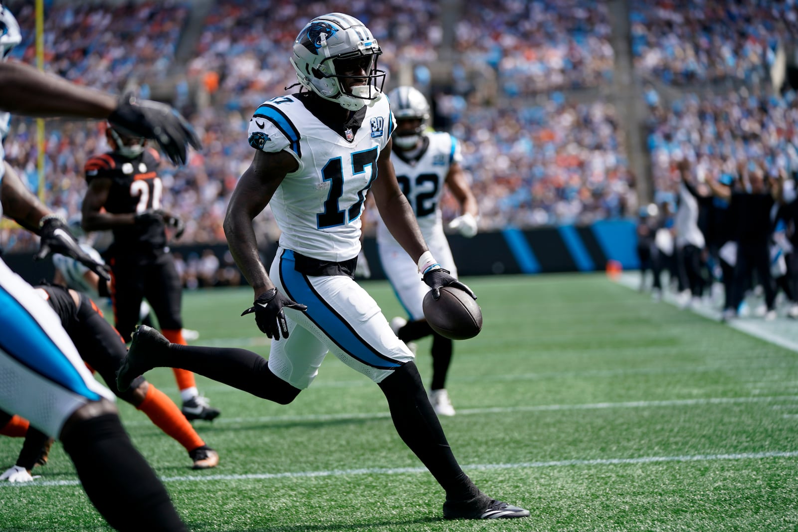 Carolina Panthers wide receiver Xavier Legette celebrates after scoring against the Cincinnati Bengals during the first half of an NFL football game, Sunday, Sept. 29, 2024, in Charlotte, N.C. (AP Photo/Erik Verduzco)